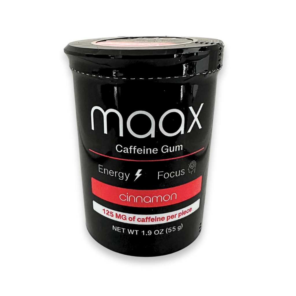 Maax Caffeine Energy Gum | Focus Gum | 125mg of caffeine per piece | Cinnamon | 25 pieces per container