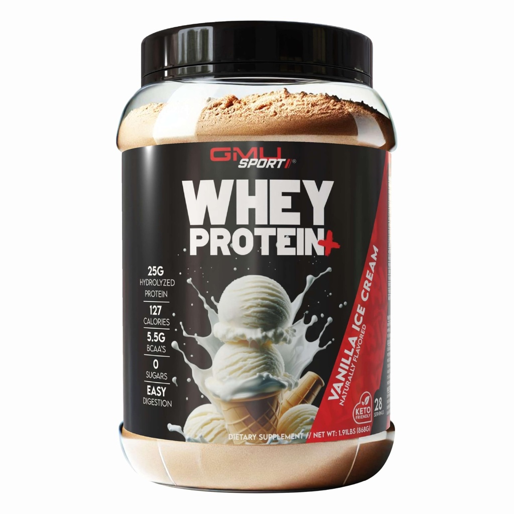 GMU SPORT Whey Protein Powder+ Concentrate 2lb | 25g Protein for Muscle Growth & Recovery | Delicious Flavor, Easy to Mix | Non-GMO, Gluten-Free |28 Servings Vanilla Protein Supplement