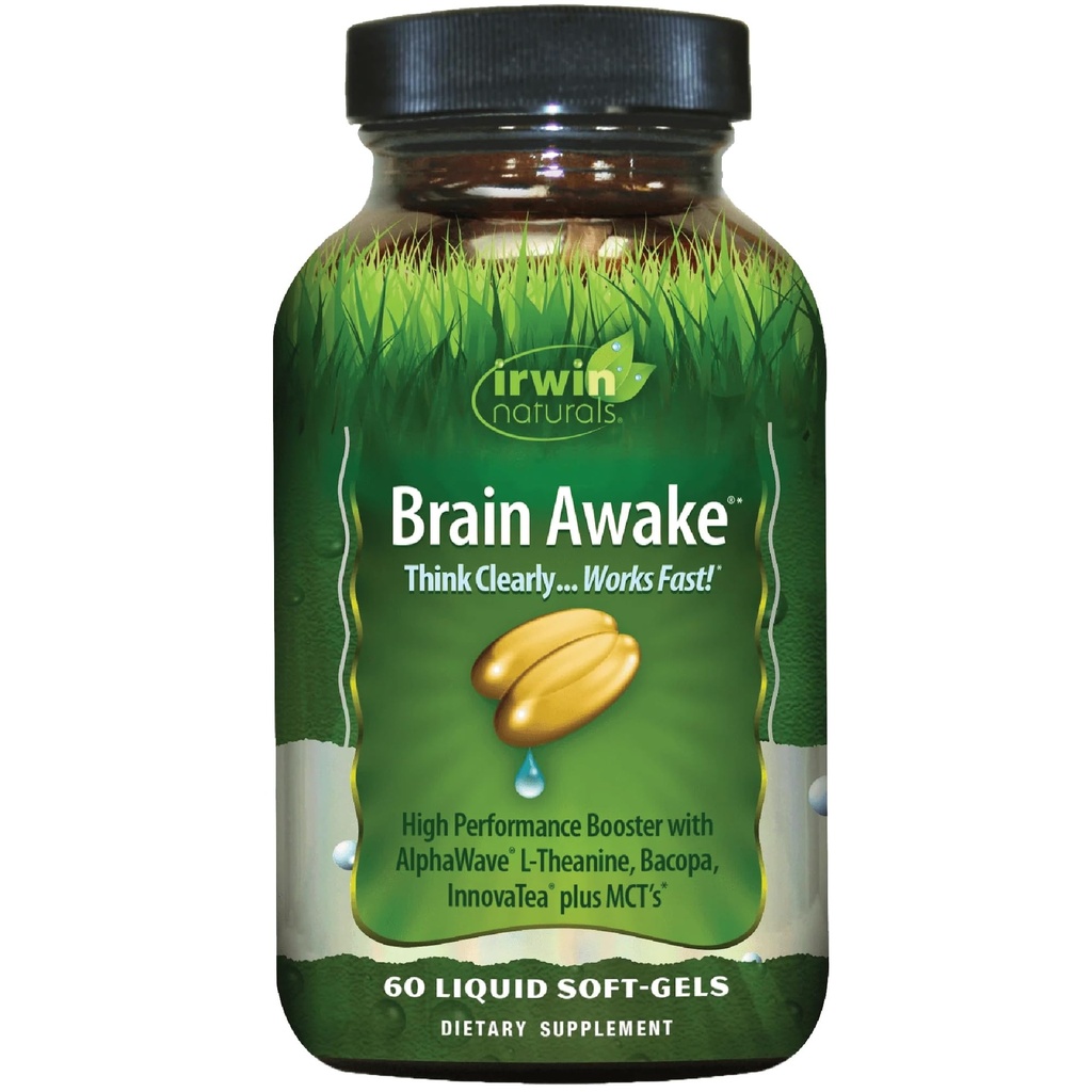 Irwin Naturals Brain Awake Enhanced Mental Performance, Erhöhter Fokus, Verbesserung der Klarheit und Konzentration - Leistungsstarke Nootropic Booster mit L-Theanin, Bacopa, MCT & InnovaTea - 60 Liquid Softgels