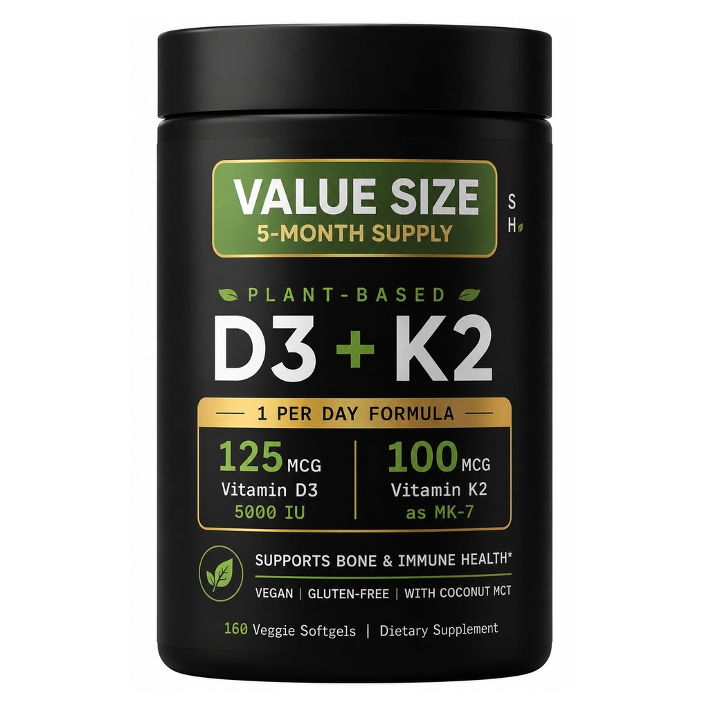 Sports Vitamin D3 K2 with 5000iu of Plant-Based D3 & 100mcg of Vitamin K2 as MK-7, Non-GMO Verified & Vegan Certified - 160 Liquid Softgels - Pack1