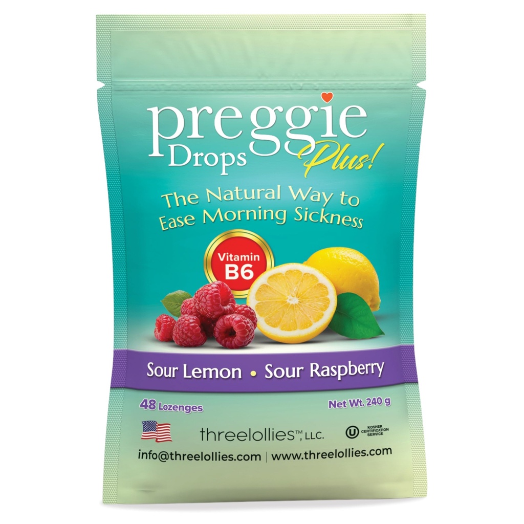 Preggie Pop Drops Plus Fortified with Vitamine B6 - Morning Sickness Relief Fortified with Vitamine B6. Preggie Pops for Relief for Engnant Women Candy Drops. Sour Raspberry & Sour Lemon 48 Comte