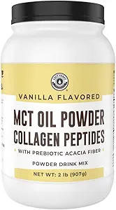 32oz Vanilla Keto MCT Poudre + Collagène + Fibre prébiotique Acacia. Crème MCT. MCT Poudre d'huile de coco. MCT en poudre de collagène, gazon, parfait pour Keto, 0 carbure net, Stevia, Erythritol