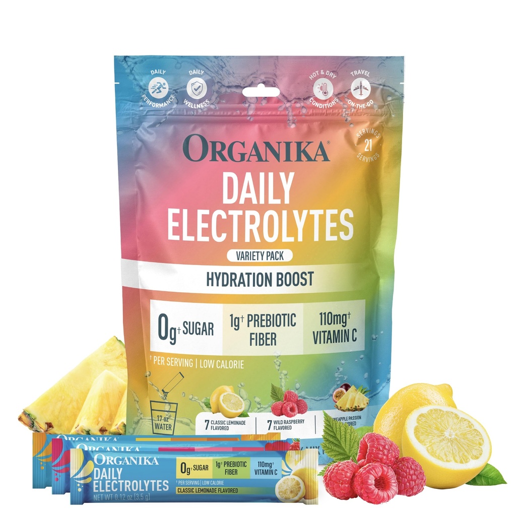 Organika Daily Electrolytes Powder Variety Pack with Vitamin C & Prebiotic Fiber – 21 Single-Serve Sachets (Lemonade, Raspberry, Pineapple Passion Fruit), Sugar-Free, Caffeine-Free