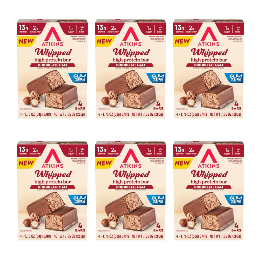 Atkins Whipped Bars, Chocolate Malt Flavored, 13g of Protein, GLP-1 Friendly Protein and Fiber, 24 Count
