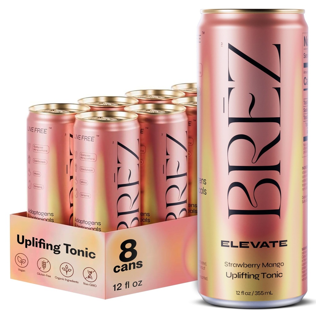BRĒZ ELEVATE Cordyceps Mushroom Drink, Non-Infused Uplifting Tonic with Cordyceps, Guayusa, Maca & Ginseng, Vegan Adaptogen Drink for Focus, Drive & Mental Clarity, Strawberry Mango, 12 fl oz, 8 Pack