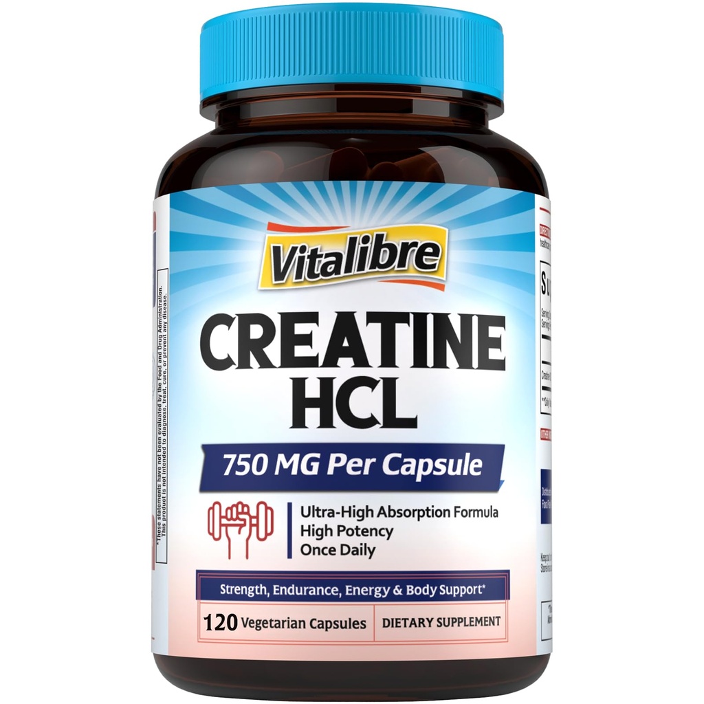 Vitalibre Creatine HCl Capsule, 750mg High Absorption Creatine Hydrochloride, Endurance, Strength, Fast Absorbing, No Load, No Bloat, Monohydrate Micronized Alternative, Once Daily, 120 Capsules