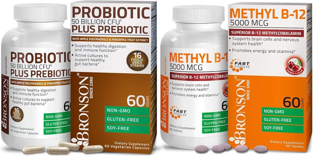 Bronson Probiotic 50 Billion CFU + Präbiotisch mit Apfel-Polyphenolen & Ananas-Fruchtextrakt + Methyl B12 5000 mcg Vitamin B12 Methylcobalamin