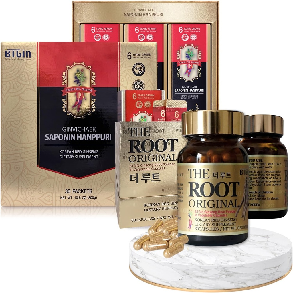 Extrait de Ginseng Rouge Coréen 3000mg et Capsules Bundle - Saponin Hanppuri + The Root Original - Suppléments d'énergie naturelle pour le soutien immunitaire, le stress, le focus et la clarté mentale avec Ginsenoside Rg3