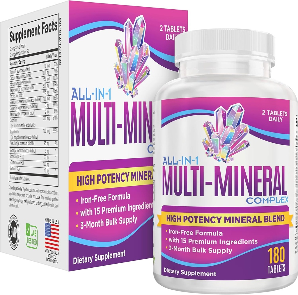 All-in-1 Multimineral Supplement Blend (Iron Free Formula) Multiminerals | Trace Minerals | Integratori minerali multipli ad alta potenza | Mineral Complex | 90-Day Bulk Supply | 180 compresse