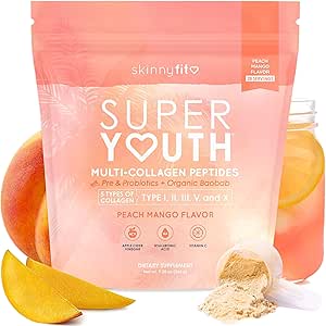 SkinnyFit - Super Gioventù Collagene per le donne - Multi Collagen Peptides Polvere - Probiotici, Fibra, Acido Ialuronico - Non OGM, Gluten Free, Sugar Free - Beauty & Self Care - Peach Mango (28 Serve)