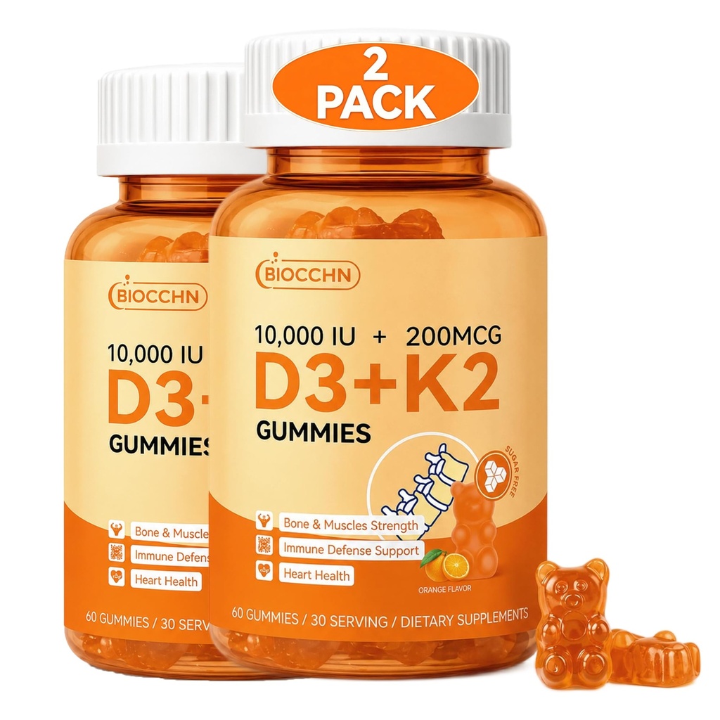 Vitamin D3 K2 Gummies, 10000 IU D3 & 200mcg K2 (as MK7) for Bone, Muscles & Teeth Health Support, 6 In 1 Sugar Free Vitamin Supplement with Calcium, Magnesium, Zinc & VC, Orange Flavor, 120 Gummies