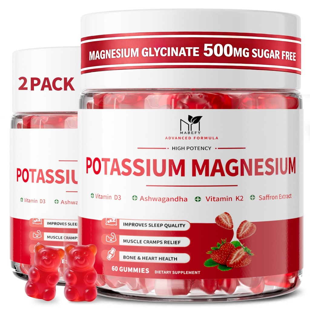 2 Pack Potassium Magnesium Gummies, Sugar Free Potassium Supplement Magnesium Glycinate 500mg, Ashwagandha, Vitamins D3, C, B6, Calcium & Zinc for Sleep, Leg Cramps & Muscle Relaxation-120 Count