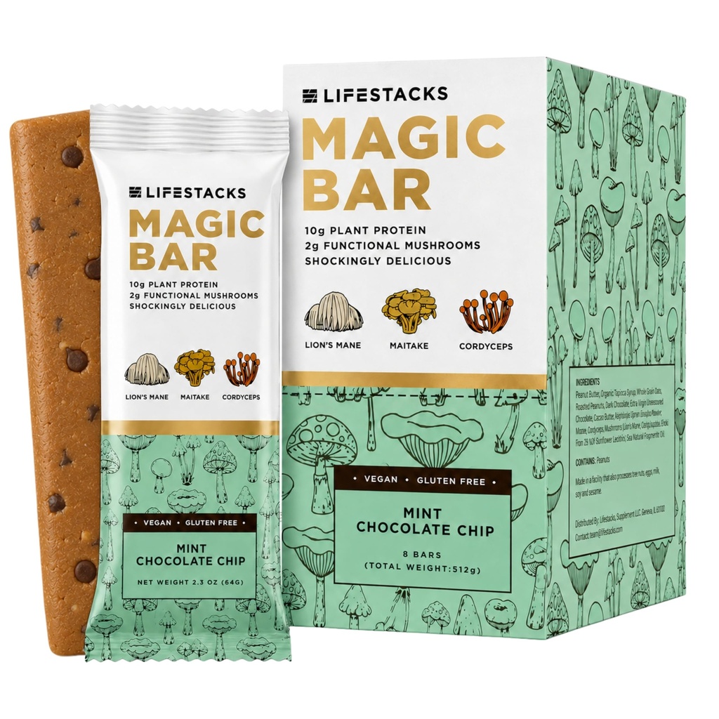 Magic Bar Functional Mushroom Energy Bars – 10g Plant-Based Protein with Lion’s Mane, Cordyceps & Maitake | Adaptogen Superfood Blend | Made in USA | 8-Pack Mint Chocolate Chip Box