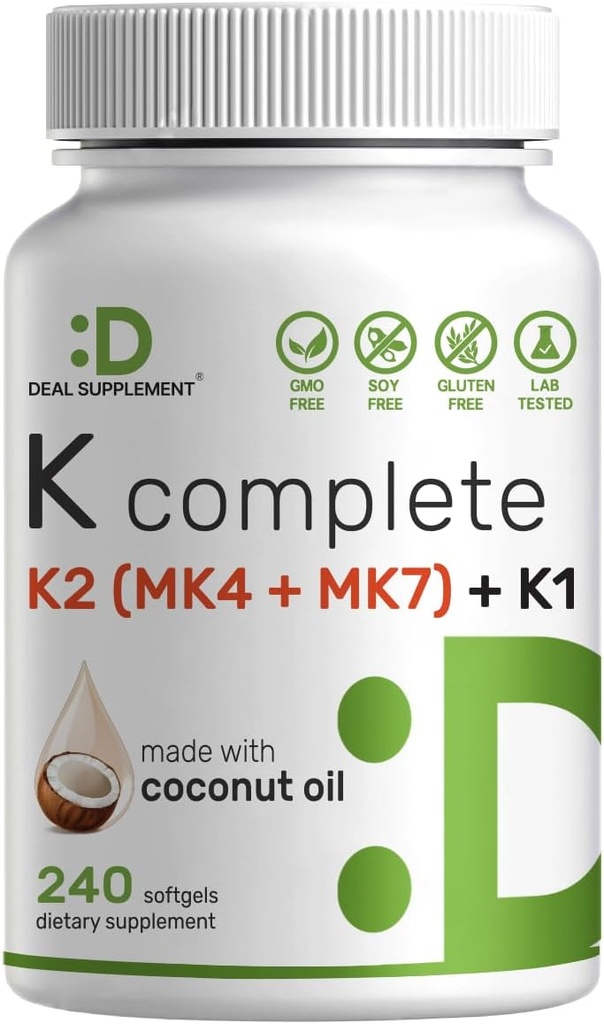 DEAL SUPPLEMENT Vitamin K Complete - 240 Kokosöl Weichgele | Hohe Potenz Vitamin K2 (MK-7 und MK-4) & K1 | Vollspektrum Dreifaches Vitamin K | Knochen, Gelenk, & Immununterstützung – Non-GMO