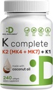 Vitamina K Completa - 240 Softgel olio di cocco | Vitamina K2 ad alta potenza (MK-7 e MK-4) & K1 | Full Spectrum Triple Vitamin K | Bone, Joint, & Supporto immunitario – Non OGM