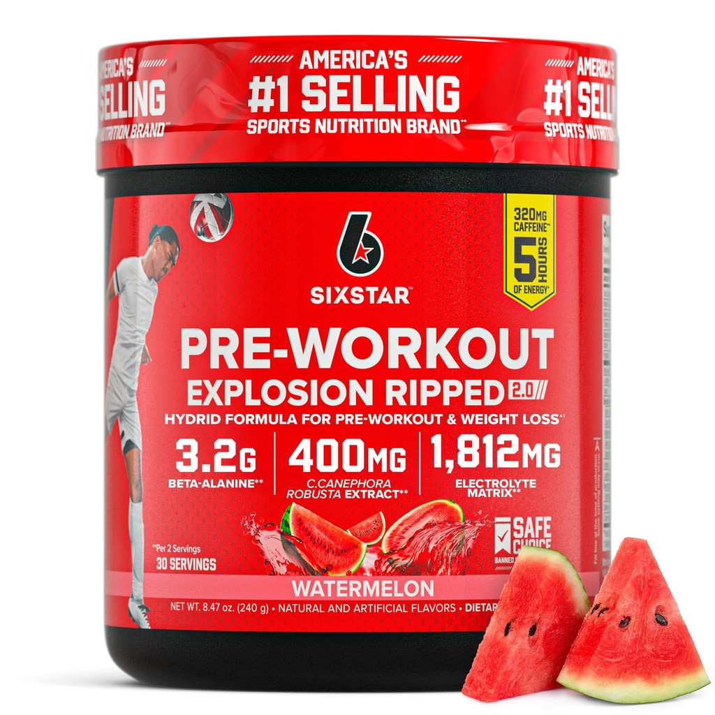 Six Star Pre-Workout Explosion, Wassermelone (30 Servierungen) - Preworkout Energy Powder Supplement für Männer & Frauen - Pre Workout Drink Mix mit Kreatin & Beta Alanine - Sporternährung Produkte