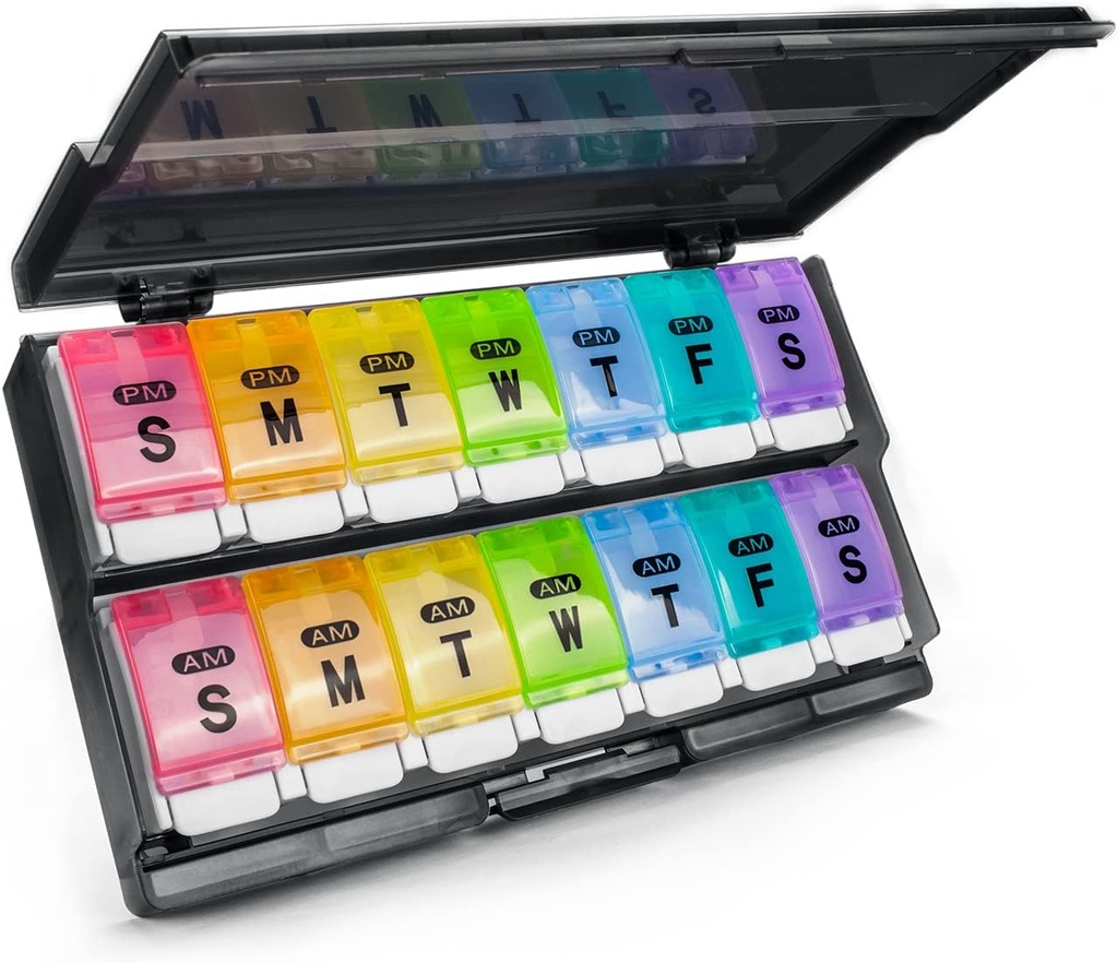 Extra Large Organisateur de pilules hebdomadaires 2 fois par jour - Remettre Am/Pm Daily Pill Case Medicine Organizer, Push Button 7 Day Pill Box for Pills/Vitamine/Cod Liver Oil/Supplements (Rainbow)