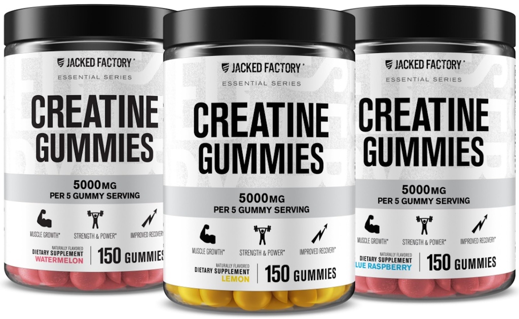 Jacked Factory Creatine Monohydrate Gummies 5g Daily Dose - Creatine Gummy for Men and Women, Vegan-Friendly, Travel-Friendly, Third-Party Tested - 150 Gummies - Blue Raspberry, Watermelon, & Lemon