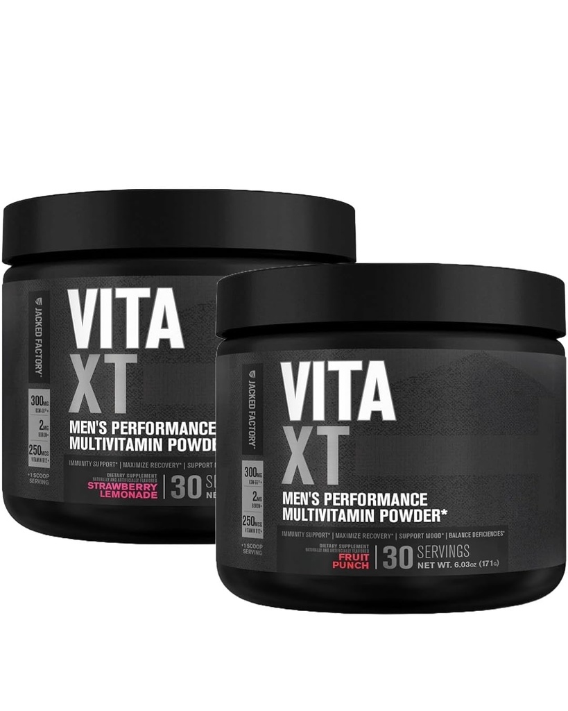 Jacked Factory Vita XT Performance Vitamin Powder - Daily Multivitamin Powder for Men (Strawberry Lemonade 30sv & Fruit Punch 30sv)