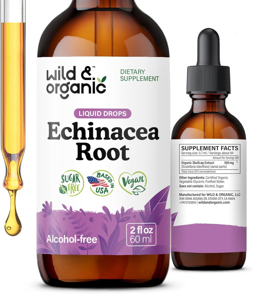 Teinture d'échinacée sauvage et biologique - gouttes de soutien immunitaire avec extrait de racine d'échinacée liquide - Suppléments Angustifolia - végétalien, sans sucre et sans alcool - 2 fl oz