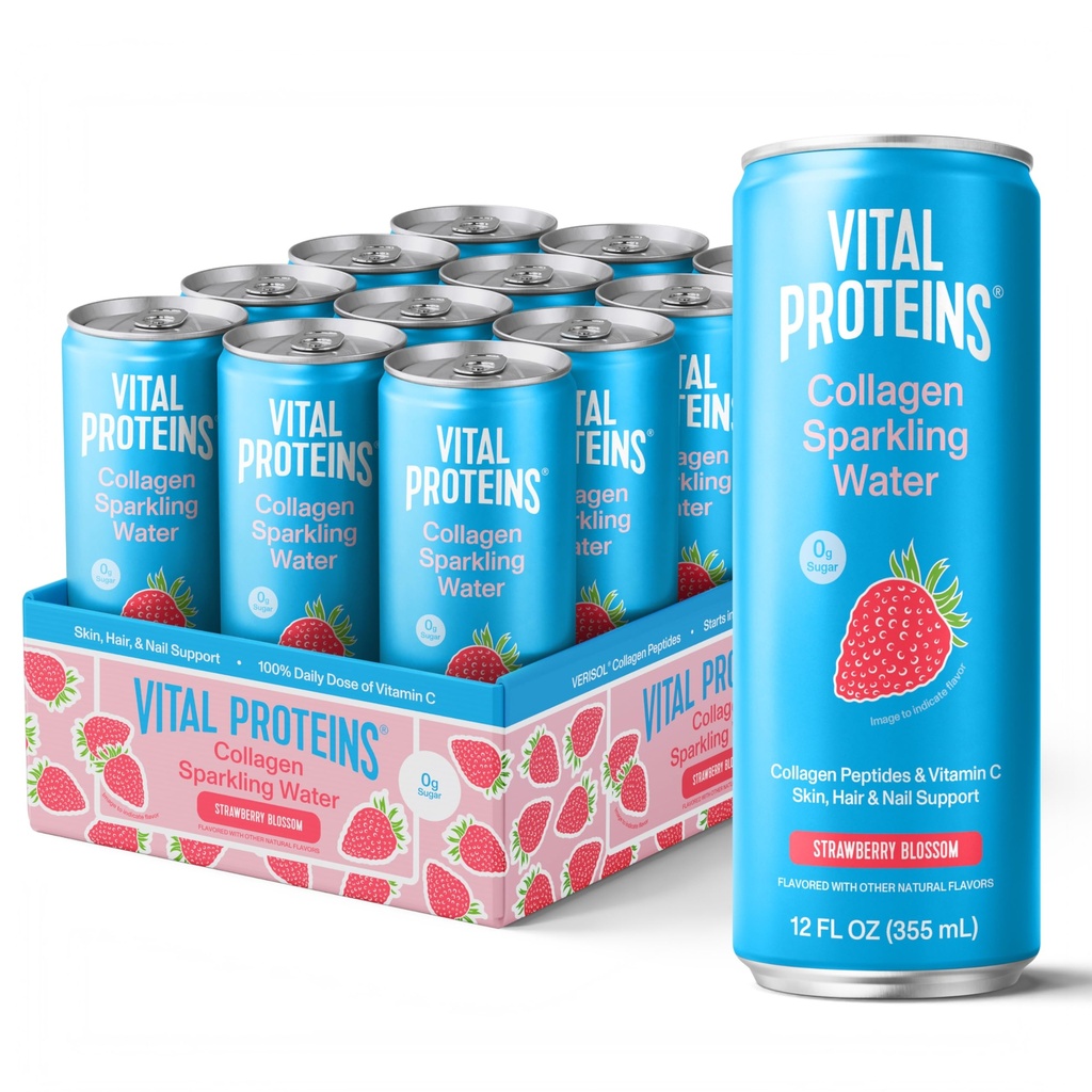 Vital Proteins, Collagen Sparkling Water, Strawberry Blossom, VERISOL® Collagen Peptides + Vitamin C, 0g Sugar, Skin Support Drink, 12 FL OZ Can