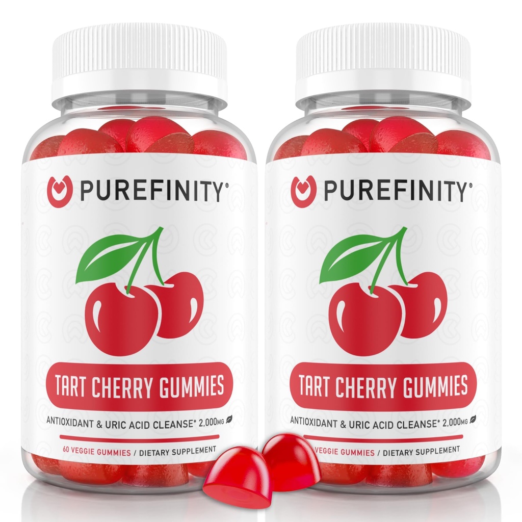 PUREFINITY Tart Gommies de cerise – Flush d'acide urique pour le soulagement et la récupération articulaires, antioxydant extrait de jus cru – non-OGM, sans gluten, végétalien, compte 60 (paquet de 2)
