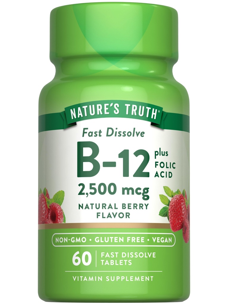 La vérité de la nature B12 Vitamines 60 Comprimés Dissolvants Rapides 2 500 mcg Avec Acide Folique