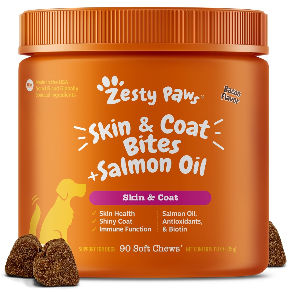 Zesty Paws Omega 3 Huile de poisson pour chiens - Zesty Paw Vitamines et suppléments pour la hanche, l'articulation et la peau, bacon (90 Chews)