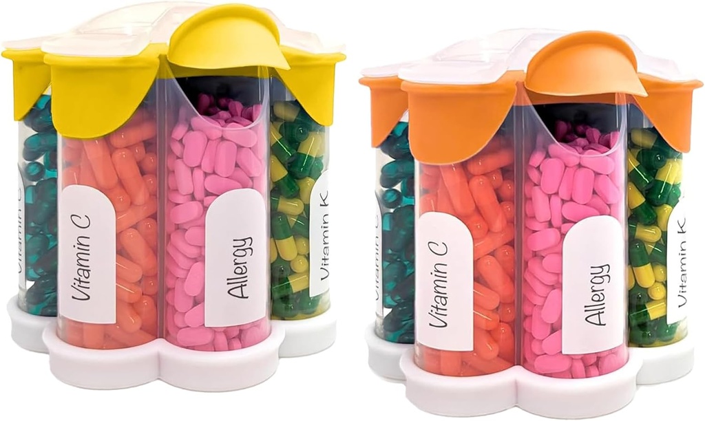 Extra Large Pill Organizer Daily, Weekly, Monthly Complet Bouteille, Distributeur de pilules Mignon avec 7 Compartiments XL (2 Pack Combo) (Orange et Jaune)