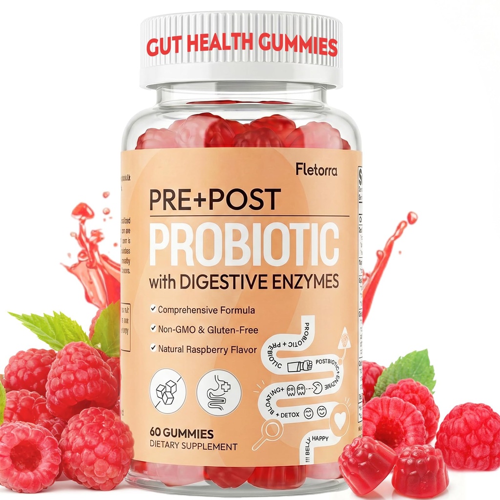 Probiotic Gummies, Probiotics for Gut Health, 5-IN-1 Prebiotics and Probiotics, Postbiotic & 16 Digestive Enzymes, for Digestion, Immunity & Gut Health for Women & Men, 0 Sugar, 60 Counts (Raspberry)