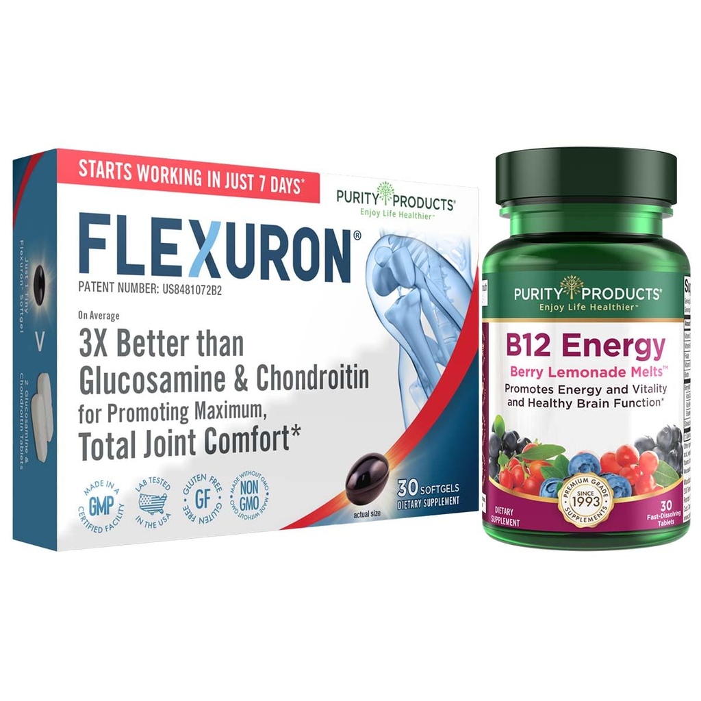 Prodotti di purezza Formula mista Flexuron + B-12 Energy Melt Flexuron (olio secco, acido ialuronico a basso peso molecolare, astaxantina) - B12 Energy Melt (metilcobalamin B12, vitamina D3, Biotin +More)