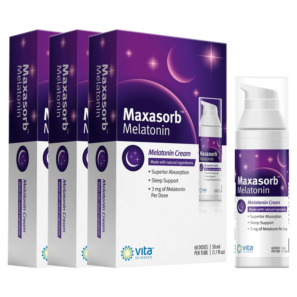 Vita Sciences Maxasorb Melatonin Cream for Sleep Rich Melatonin 3mg - Melatonin Night Cream - Unscented Melatonin 3 Mg. Topical Melatonin Lotion Can Be Used For Face and Body - Pack of 3