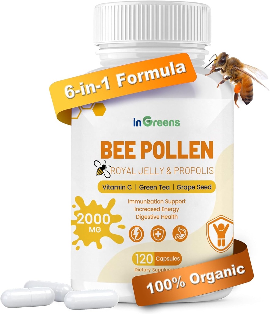 6-in-1 supplemento di polline di ape, polline di ape per le donne & uomini, supporto immunitario & energia, non OGM, Made in USA, 120 capsule