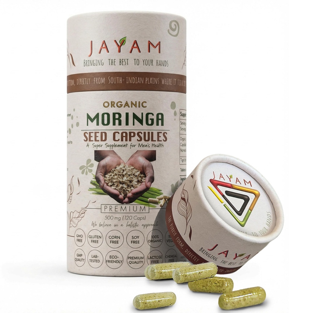 JAYAM Organic Moringa Seed Capsules | Pure Moringa Seed Supplement | Supports Men's Energy, Skin/Gut Health, Metabolism, Immunity, with Reqd Vitamins, & Amino acids | 2-Month Supply,120 Capsules