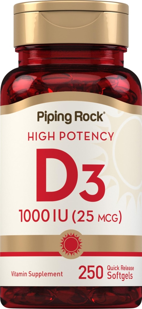 Pipping Rock Vitamine D3 1000UI , Haute puissance (25 mcg) , 250 Softgels , Supplément sans gluten