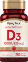 Piping Rock Vitamin D3 1000IU | Hohe Potenz (25 mcg) | 250 Softgels | Non-GMO, Glutenfreie Ergänzung