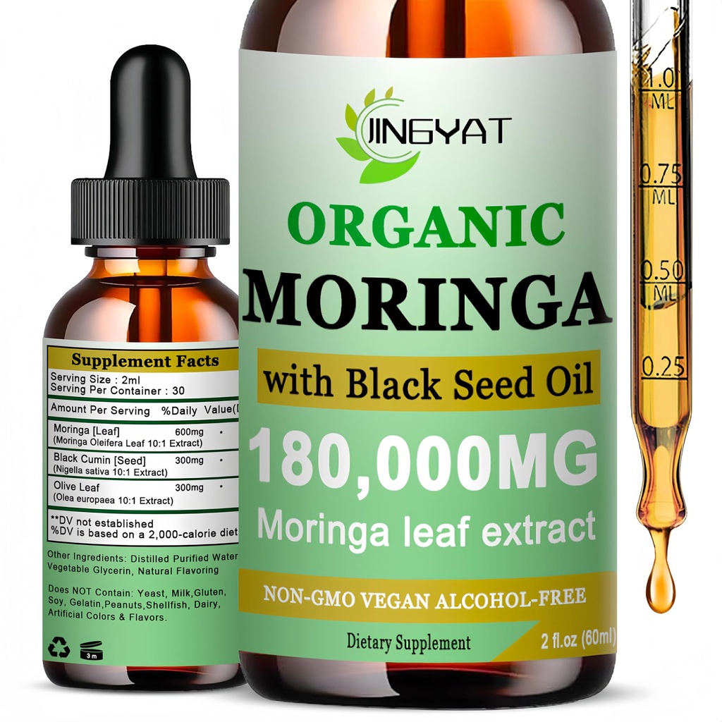 Organic Moringa Liquid Drops,Pure Moringa Oleifera Leaves Extract w/Black Seed Oil Supplement for Energy,Skin,Gut Health,Immune,Natural Antioxidant Superfood More Potency Than Powder(2 Fl Oz)