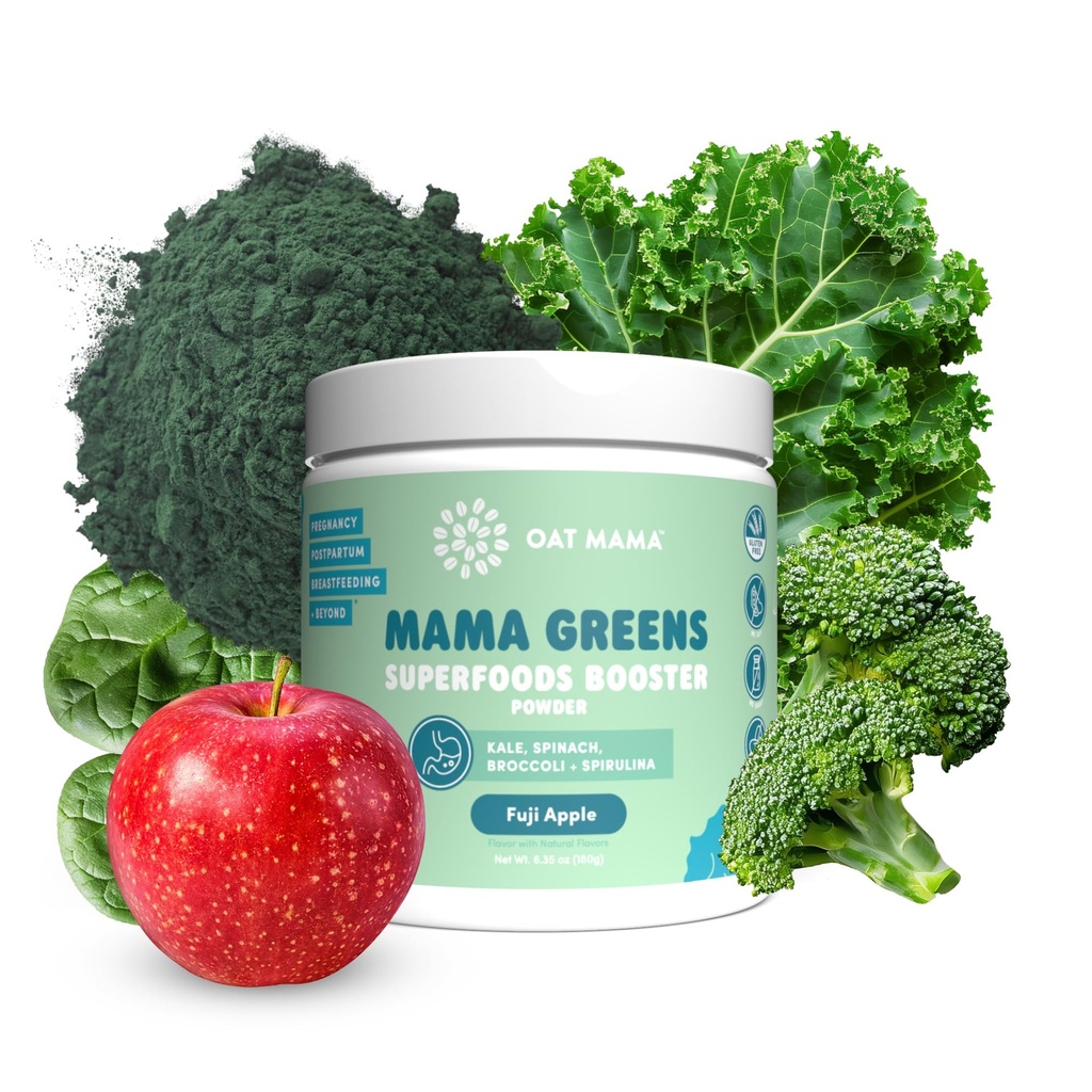 Oat Mama 'Mama Greens' Superfoods Booster - Fuji Apple Flavor - Greens Powder with Kale, Spinach, Broccoli, & Spirulina - Nutrient-Rich Support for Pregnancy & Postpartum - 30 Servings (180g)