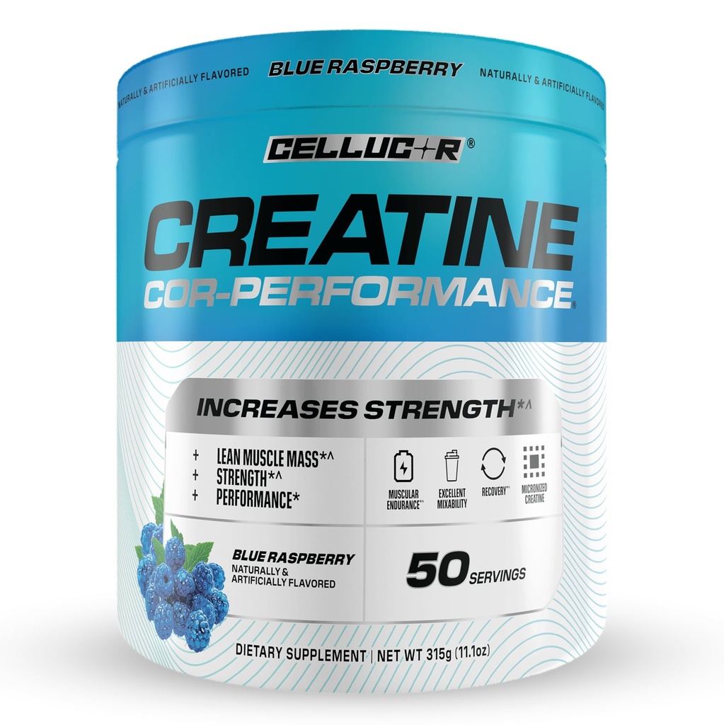 Poudre de créatine cellucor, Arôme de framboise bleue - Augmente la force, la masse musculaire maigre et l'endurance, la créatine micronisée pour l'absorption rapide, 5g de créatine par portion, 50 portions