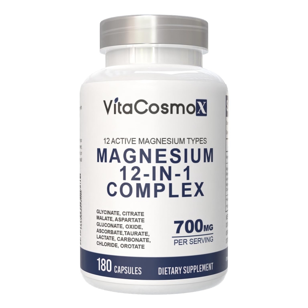 Magnesium Complex 700mg – 12-in-1 Magnesium Supplement with Glycinate, Citrate, Malate, Oxide, Taurate & More – High Absorption, 180 Capsules, 90 Servings, Non-GMO