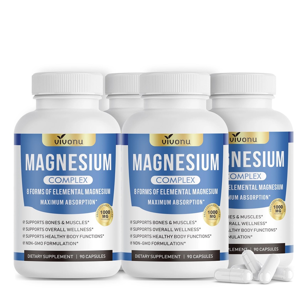 8-in-1 Magnesium Complex 1000mg – High Absorption Magnesium Glycinate, Citrate, Malate & More – Bone, Muscle, Nerve & Relaxation Support (4 Bottle | 360 Capsule)