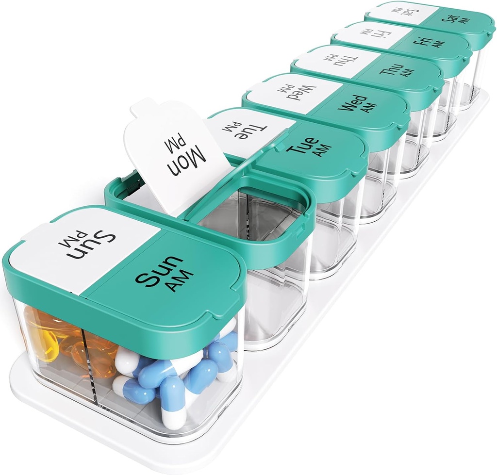 Odaro Extra Large Weekly Pill Organizer 2 fois par jour, Pill Box 7 Jour Am Pm pour tenir la médecine quotidienne vitamine et suppléments - Cyan