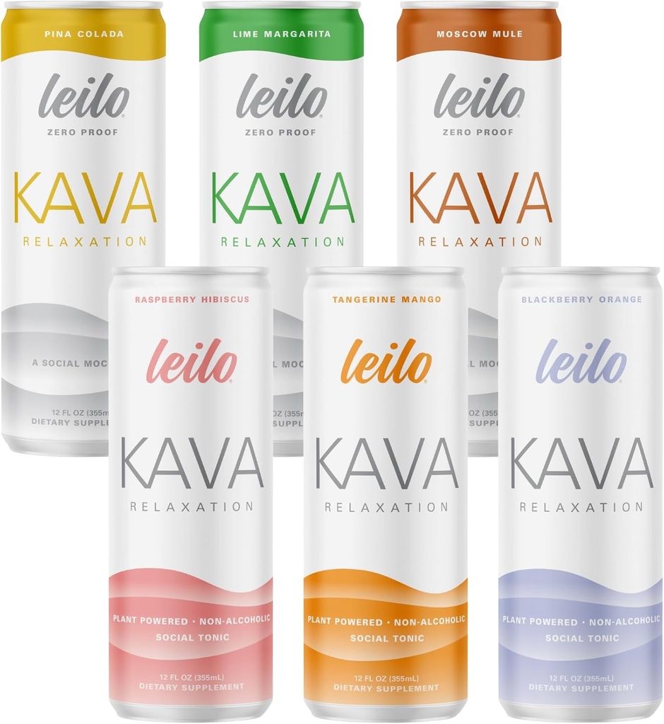 LEILO | Kava Powered Sparkling Relaxation Drink | Variety Sampler 6-Pack – Non-ALC Calming Beverage – Includes (3) Classic & (3) Mocktail Flavors | 12 fl oz Cans (Pack of 6)
