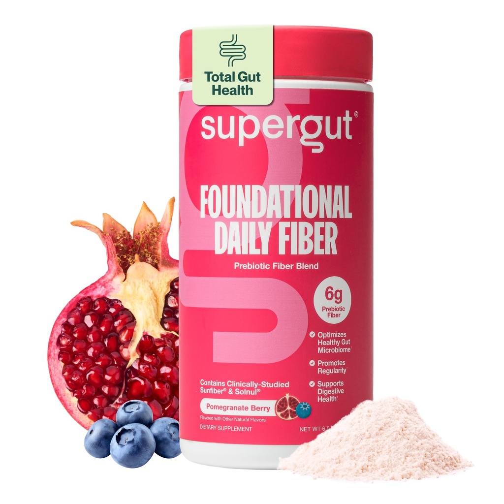 Supergut Foundational Daily Fiber Powder, Sugar Free & Vegan Prebiotic Fiber Blend for Gut Health & Digestive Support, Supplement for Men & Women with Solnul & Sunfiber, Pomegranate Berry, 18 Servings