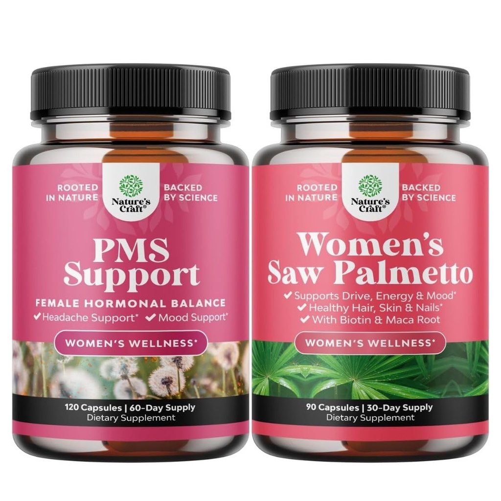 Bundle of Advanced PMS Support Supplement for Low Energy Mood Support Period Cramps and Bloating Relief für Frauen und Extra Strength Saw Palmetto für Frauen - DHT Blocker Thickening Hair Vitamin