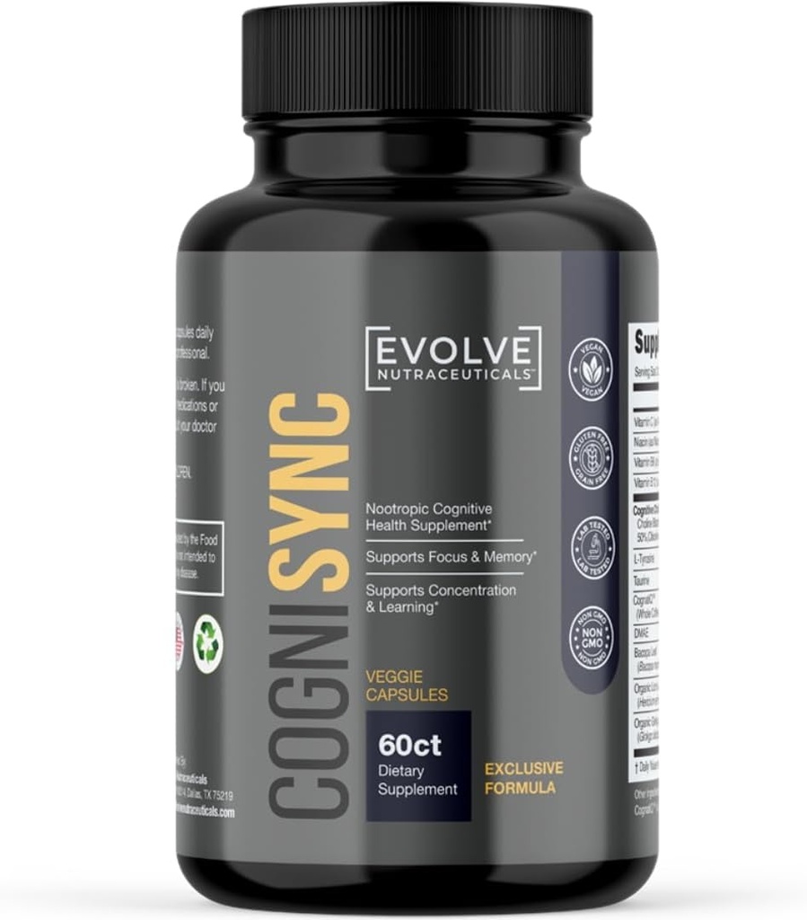Cognisync Nootropic Brain Health Supplement 60ct, 12 leistungsfähige Inhaltsstoffe, Lion's Mane, Alpha-GPC, Kognitive Verbesserung, Gehirn Fog Unterstützung, Memory Support, Smart Drug Alternative