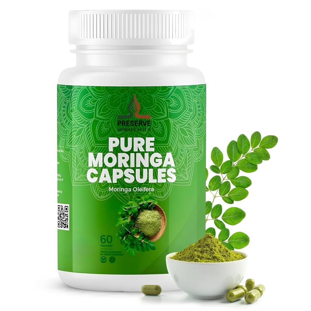 PRESERVE Pure Moringa Oleifera Leaf Supplement, NSF Certified, Pure Leaf Powder Green Superfood Capsules, Non GMO, Made in Sri Lanka, 60 Count