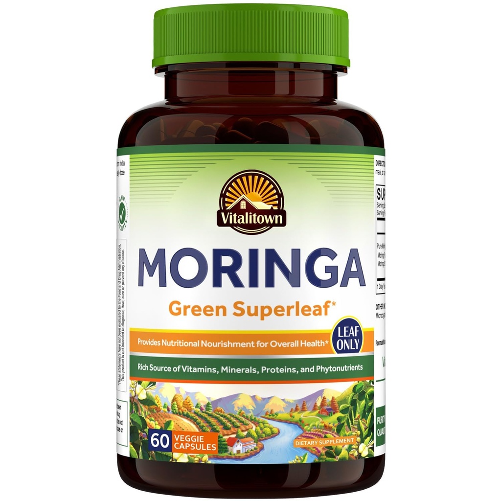 Vitalitown Moringa Capsules, Pure Moringa Oleifera Leaves, No Sticks, No Caffeine, Energy, Immune, 60 Capsules