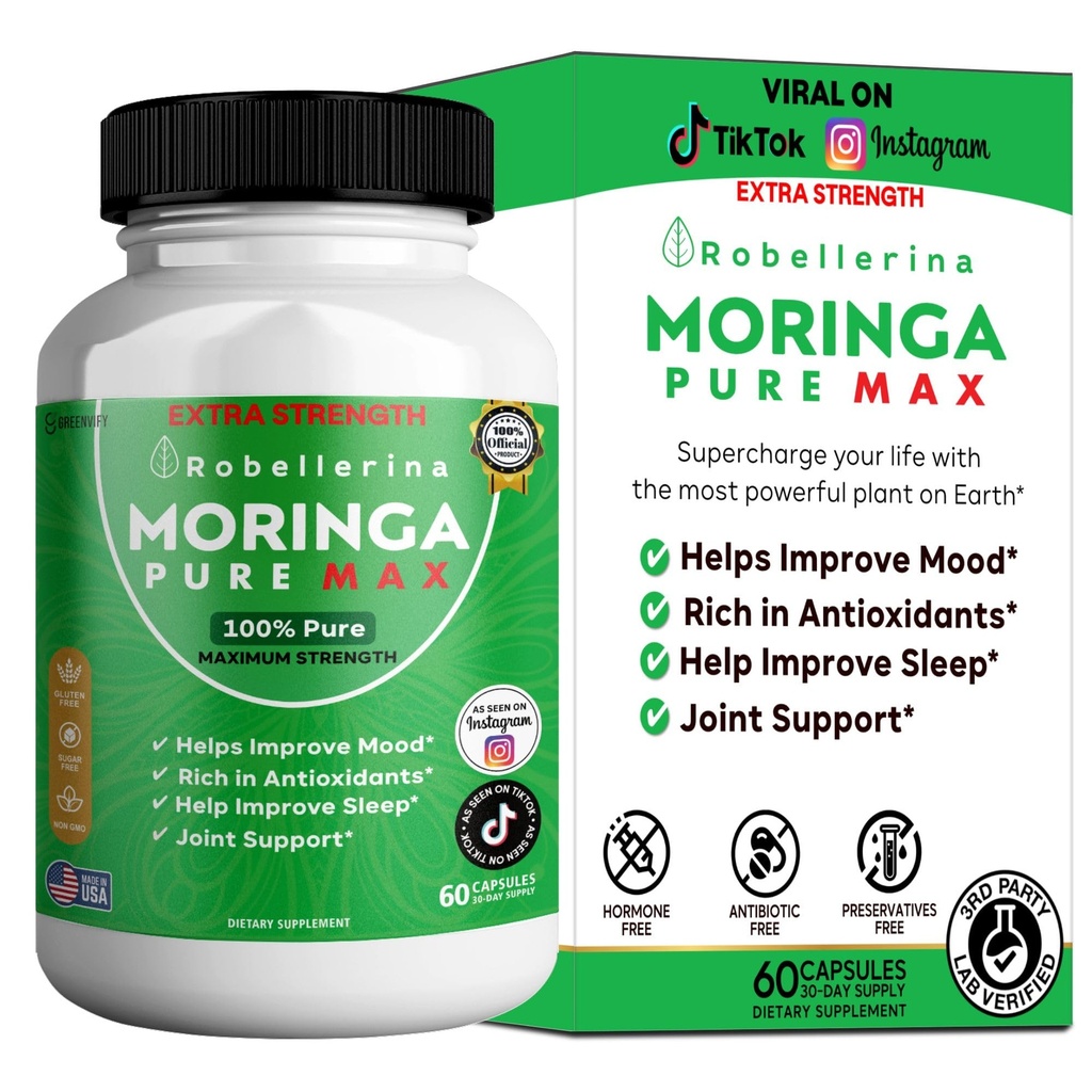 Robellerina Moringa Pure Max Supplement, 800mg Pure Moringa Leaf Extract for Mood Support, 60 Veggie Capsules