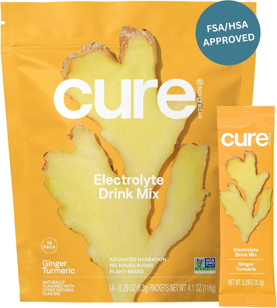 Cure Hydration | Miscela elettrolita a base vegetale | Non Aggiunto Zucchero | FSA-HSA | Polvere di rilievo di disidratazione fatta con acqua di cocco | Non-GMO | Vegan | Pouch of 14 Packets - Ginger Turmeric